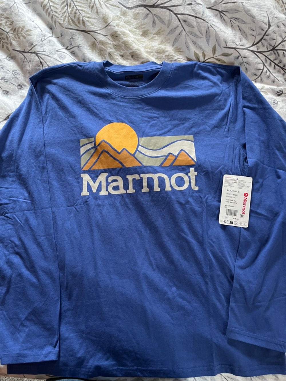Marmot Blue Long-Sleeve Tee with Yellow Mountain Graphic